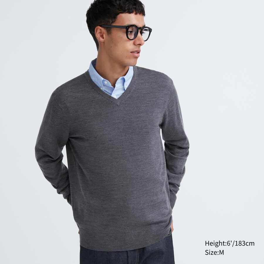 suéteres de cuello en v para hombre de merino extrafino 100 gris uniqlo