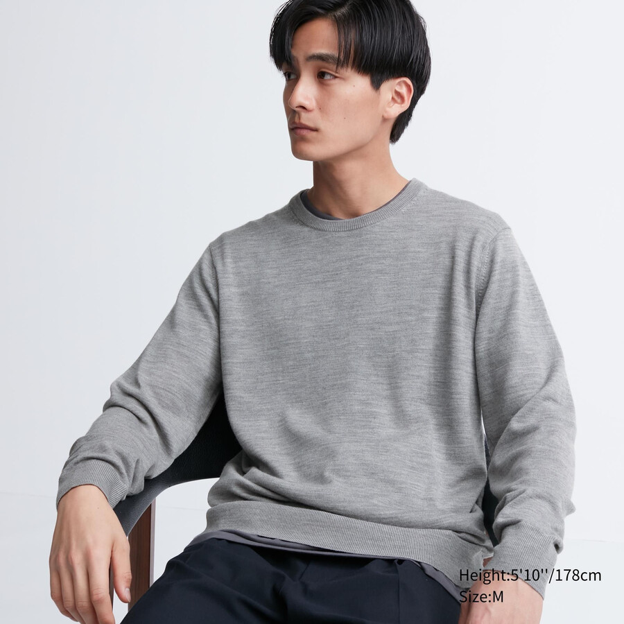 suéteres de cuello redondo para hombre de merino extrafino 100 gris uniqlo