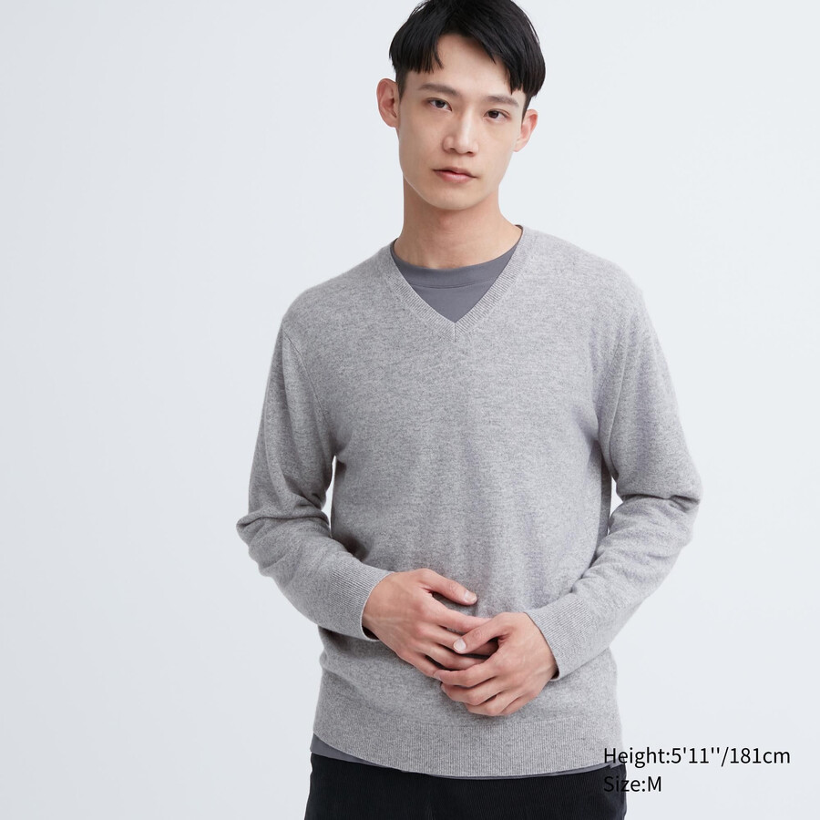 suéteres de cuello en v uniqlo 100pctshmere grises para hombre