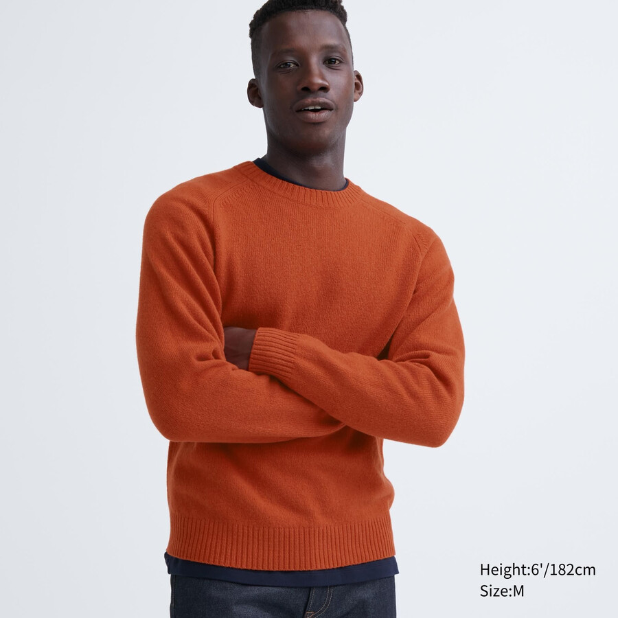 jerséis de cuello redondo de lana de cordero premium de uniqlo naranja para hombre