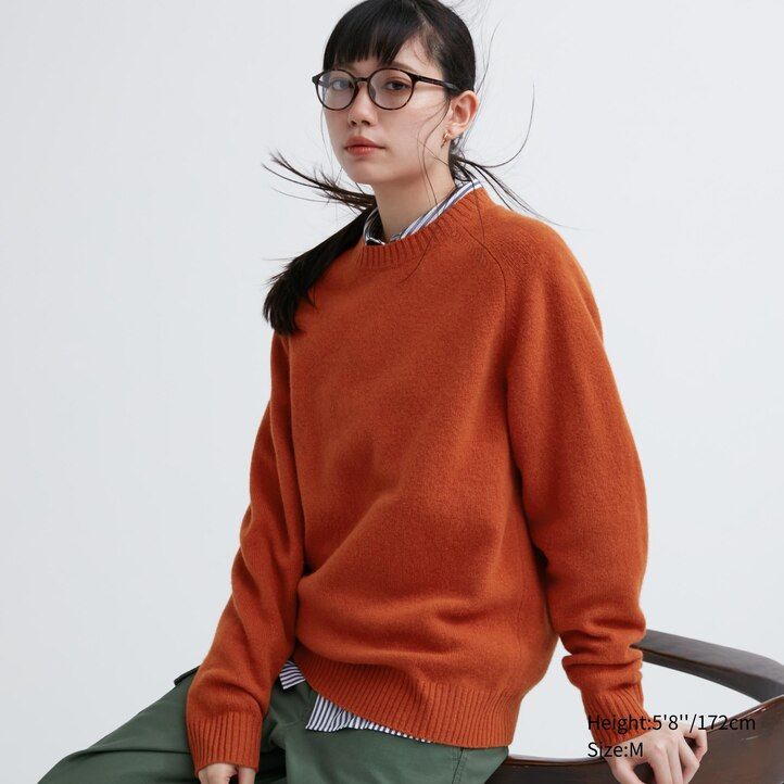 jerséis de cuello redondo de lana de cordero premium de uniqlo naranja para hombre