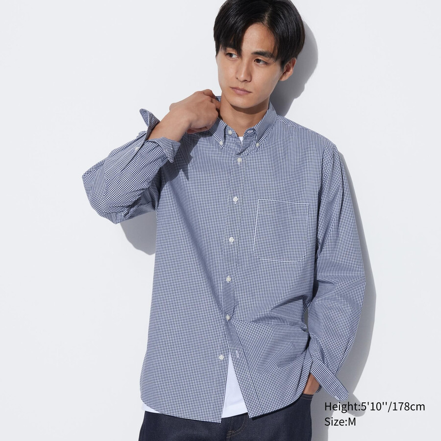 camisas de cuadros con cuello abotonado y corte regular de algodón extrafino uniqlo para hombre en azul