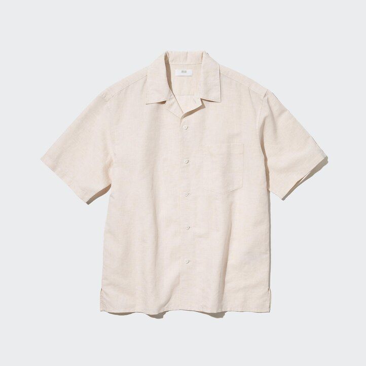 camisas de hombre con cuello abierto y mangas de mezcla de lino beige uniqlo