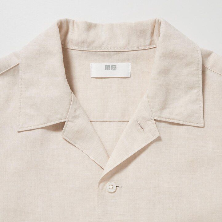 camisas de hombre con cuello abierto y mangas de mezcla de lino beige uniqlo