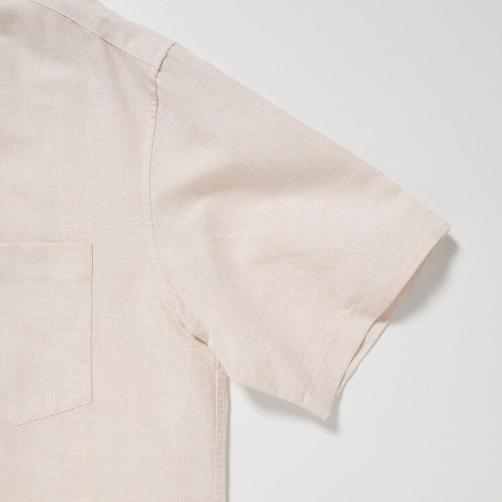 camisas de hombre con cuello abierto y mangas de mezcla de lino beige uniqlo