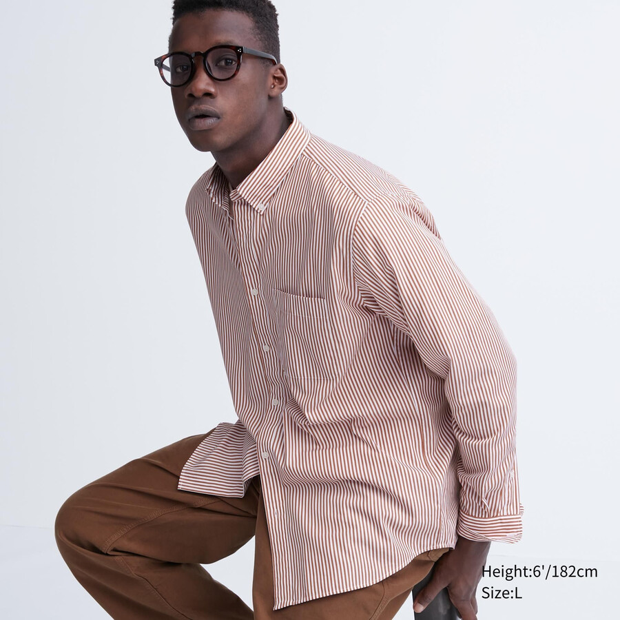 camisas de hombre uniqlo de algodón extrafino de corte regular a rayas y cuello abotonado color naranja