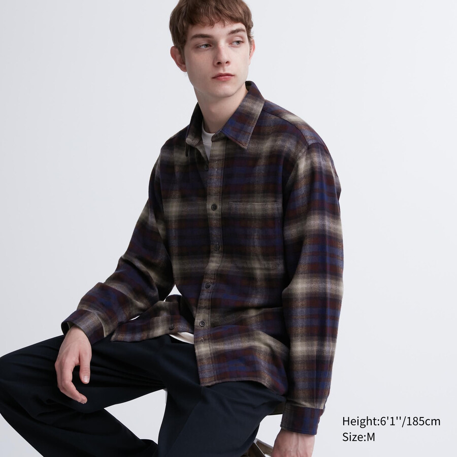 camisas de franela uniqlo de corte regular con cuello regular a cuadros para hombre en burdeos