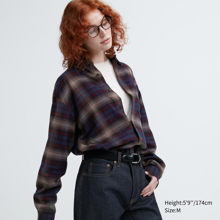 camisas de franela uniqlo de corte regular con cuello regular a cuadros para hombre en burdeos