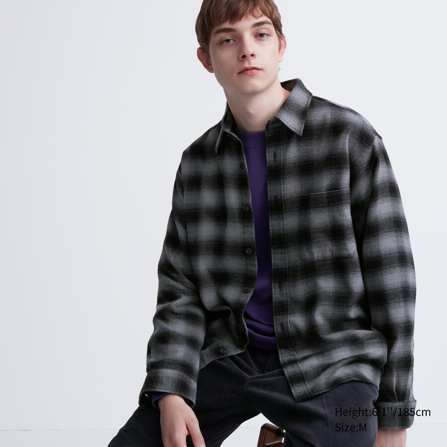 camisas de franela uniqlo de corte regular a cuadros con cuello regular para hombre en gris
