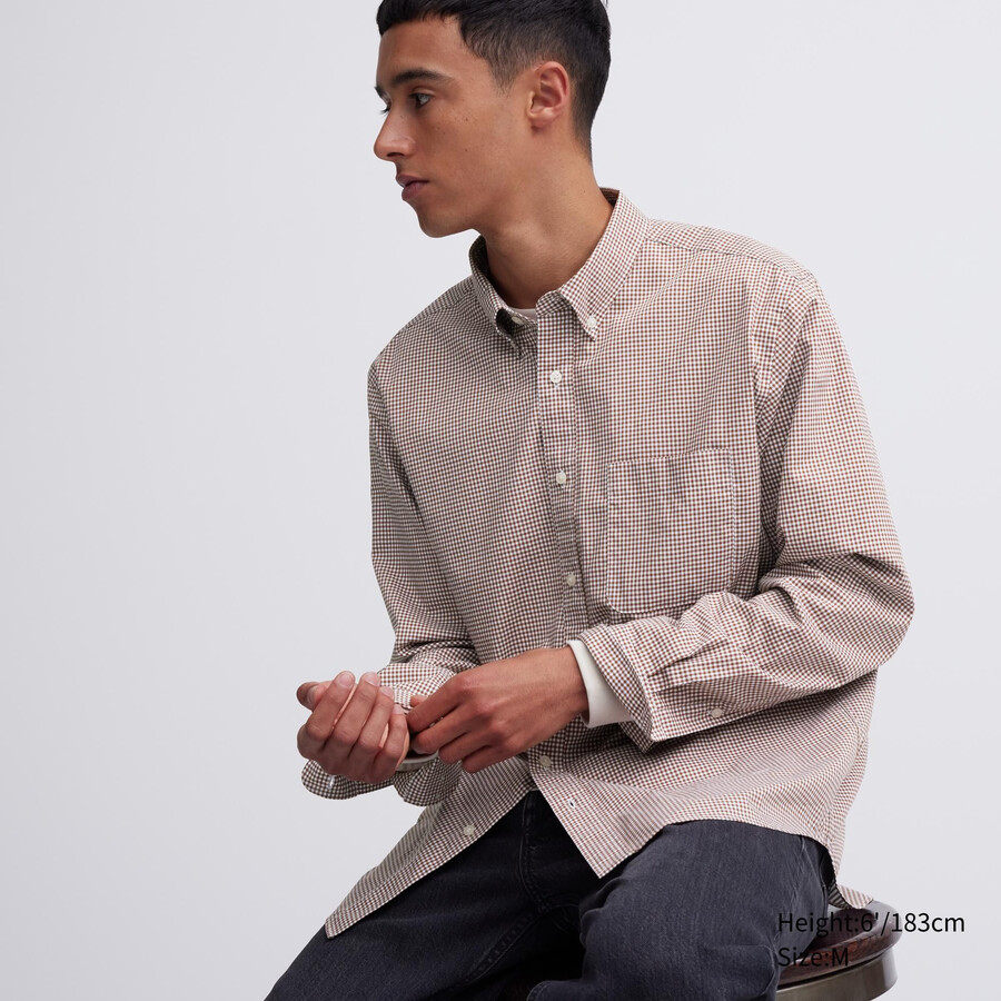 camisas de hombre uniqlo de algodón extrafino de corte regular a cuadros y cuello abotonado color marrón