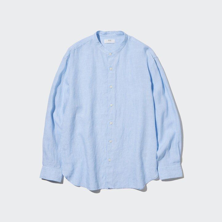 camiseta de lino premium uniqlo 100 para hombre corte regular cuello mao azul
