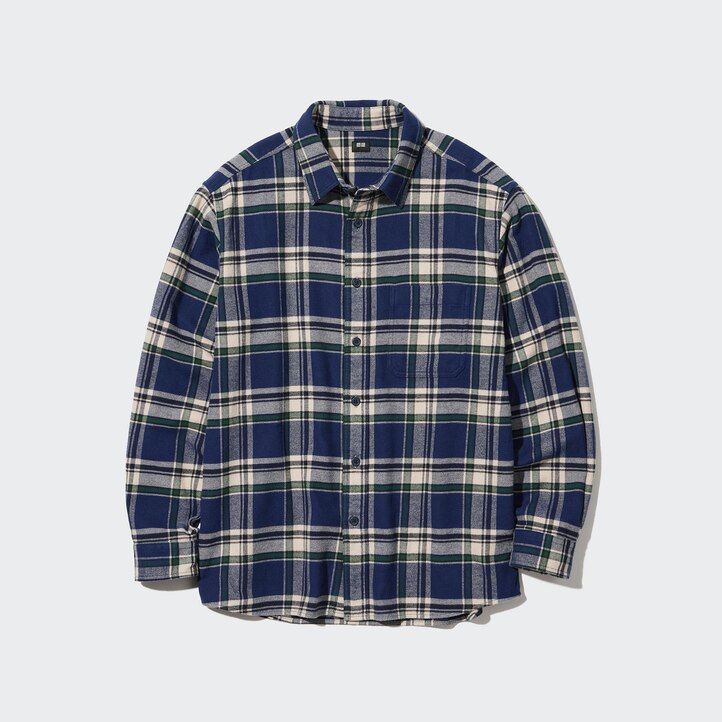 camisas de franela uniqlo de corte regular a cuadros con cuello regular para hombre en azul