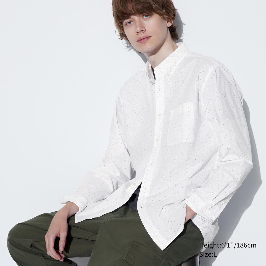 camisas uniqlo de algodón extrafino con cuello abotonado y estampado de tela ancha para hombre color blanco