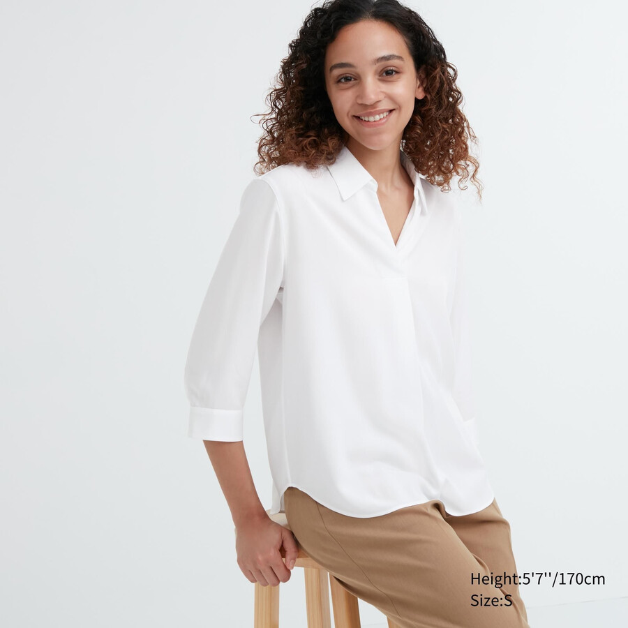 blusa blanca uniqlo de rayón con cuello alto y mangas 34 para mujer