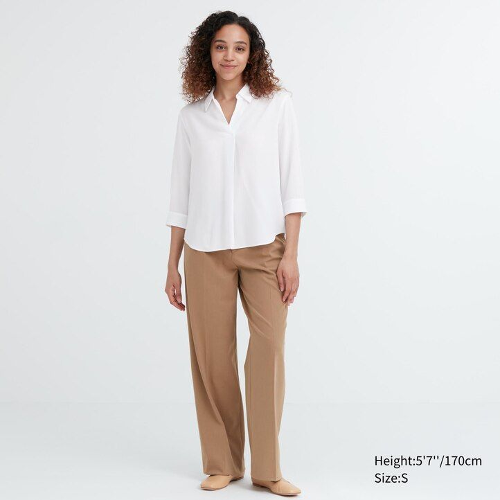 blusa blanca uniqlo de rayón con cuello alto y mangas 34 para mujer