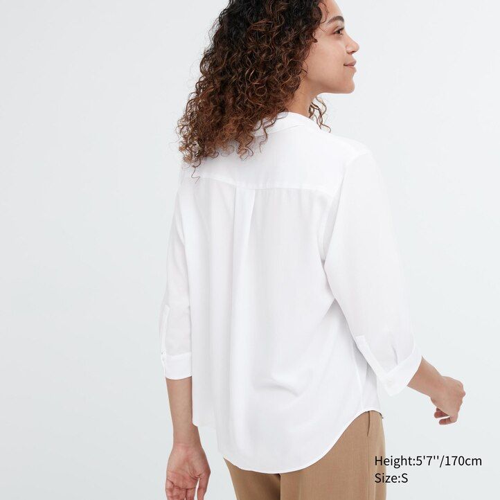 blusa blanca uniqlo de rayón con cuello alto y mangas 34 para mujer
