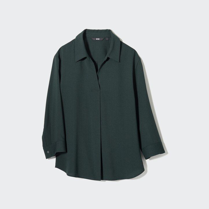 blusa blanca uniqlo de rayón con cuello alto y mangas 34 para mujer