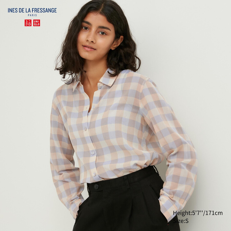 blusa de algodón transparente a cuadros beige uniqlo para mujer