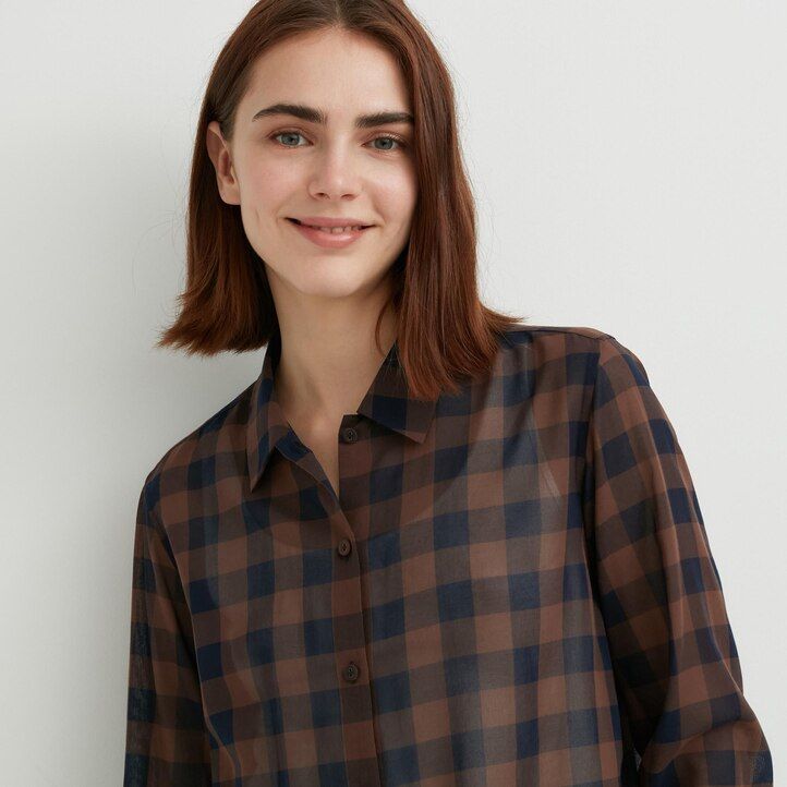 blusa de algodón transparente a cuadros beige uniqlo para mujer