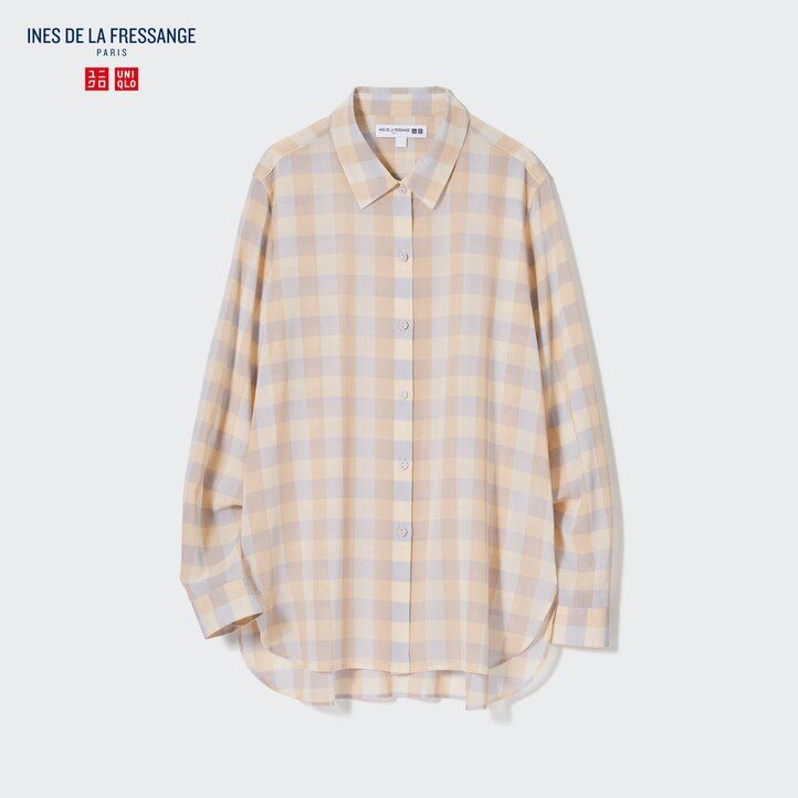 blusa de algodón transparente a cuadros beige uniqlo para mujer