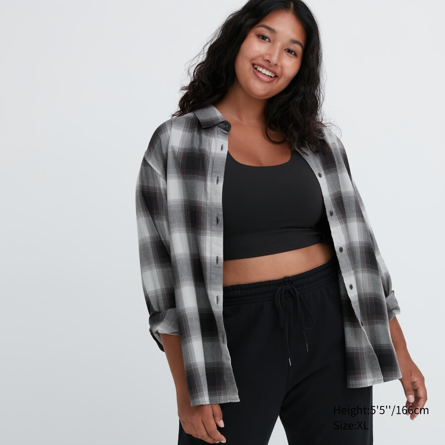 blusa de cuadros con mangas suaves y cepilladas uniqlo para mujer gris