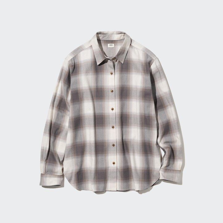 blusa de cuadros con mangas suaves y cepilladas uniqlo para mujer gris