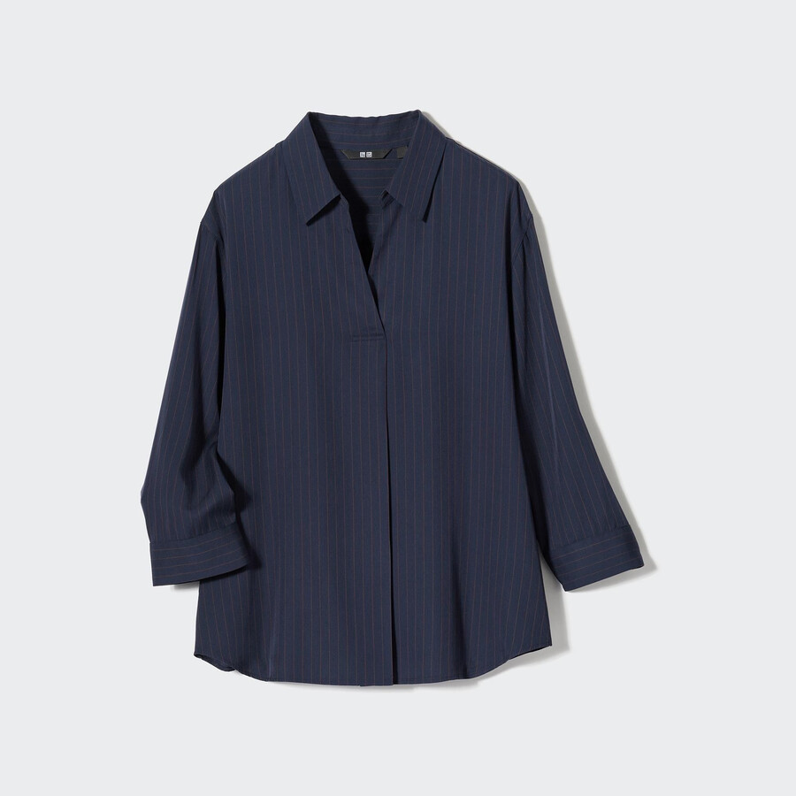 blusa de mujer uniqlo de rayón a rayas con cuello alto y mangas 34 en azul marino