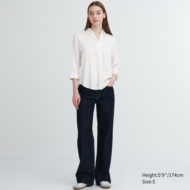 blusa de mujer uniqlo de rayón a rayas con cuello alto y mangas 34 en azul marino