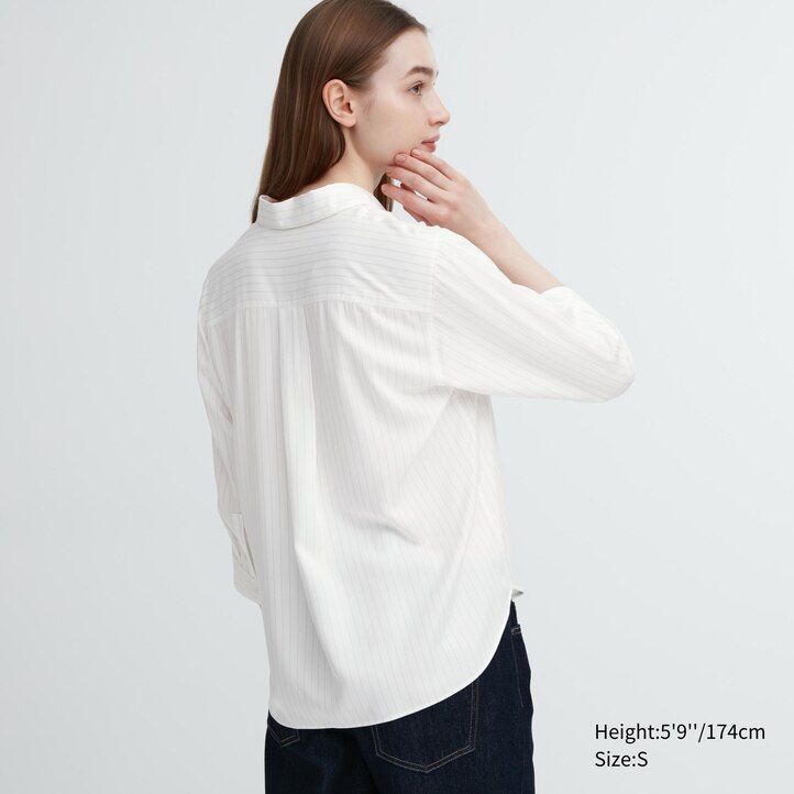blusa de mujer uniqlo de rayón a rayas con cuello alto y mangas 34 en azul marino