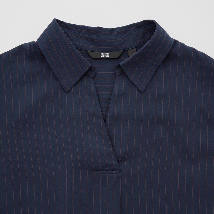 blusa de mujer uniqlo de rayón a rayas con cuello alto y mangas 34 en azul marino