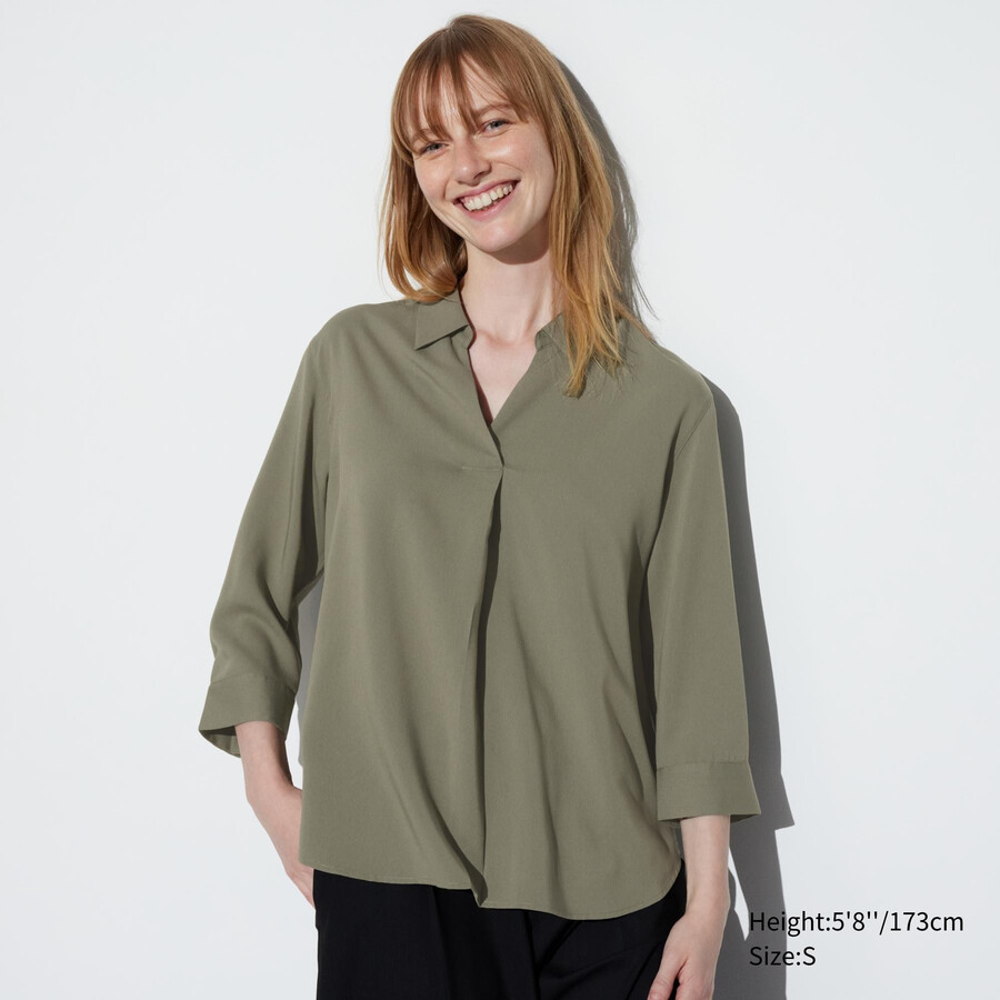 blusa de mujer uniqlo de rayón color oliva con cuello alto y mangas 34
