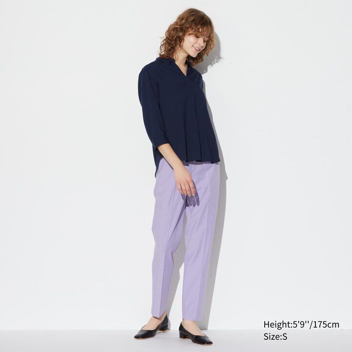 blusa de mujer uniqlo de rayón color oliva con cuello alto y mangas 34