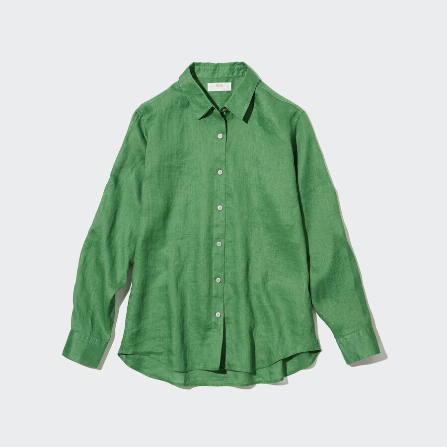 blusa verde uniqlo de lino premium 100 para mujer