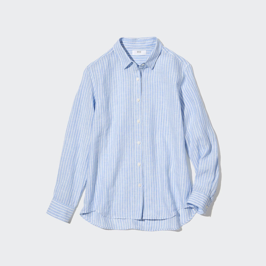 blusa de lino premium uniqlo 100 con mangas a rayas para mujer color azul claro