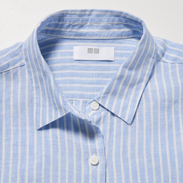 blusa de lino premium uniqlo 100 con mangas a rayas para mujer color azul claro