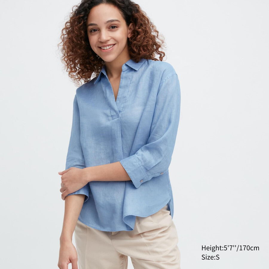 blusa de mujer uniqlo de lino premium 100 con cuello alto y mangas 34 color azul