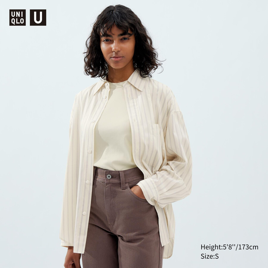 blusa de rayas drapeadas con mangas uniqlo para mujer en beige
