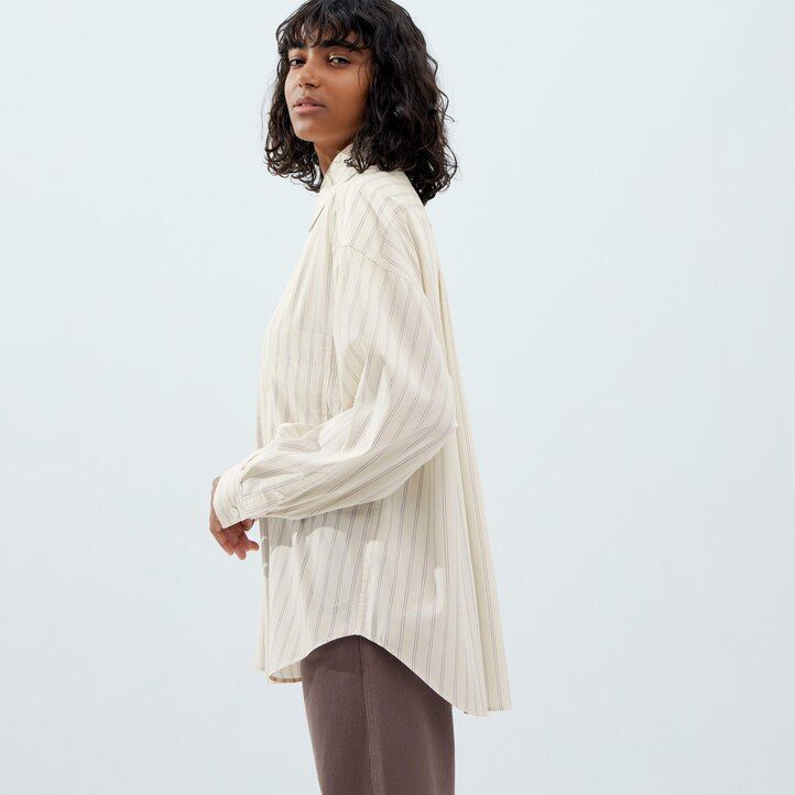 blusa de rayas drapeadas con mangas uniqlo para mujer en beige