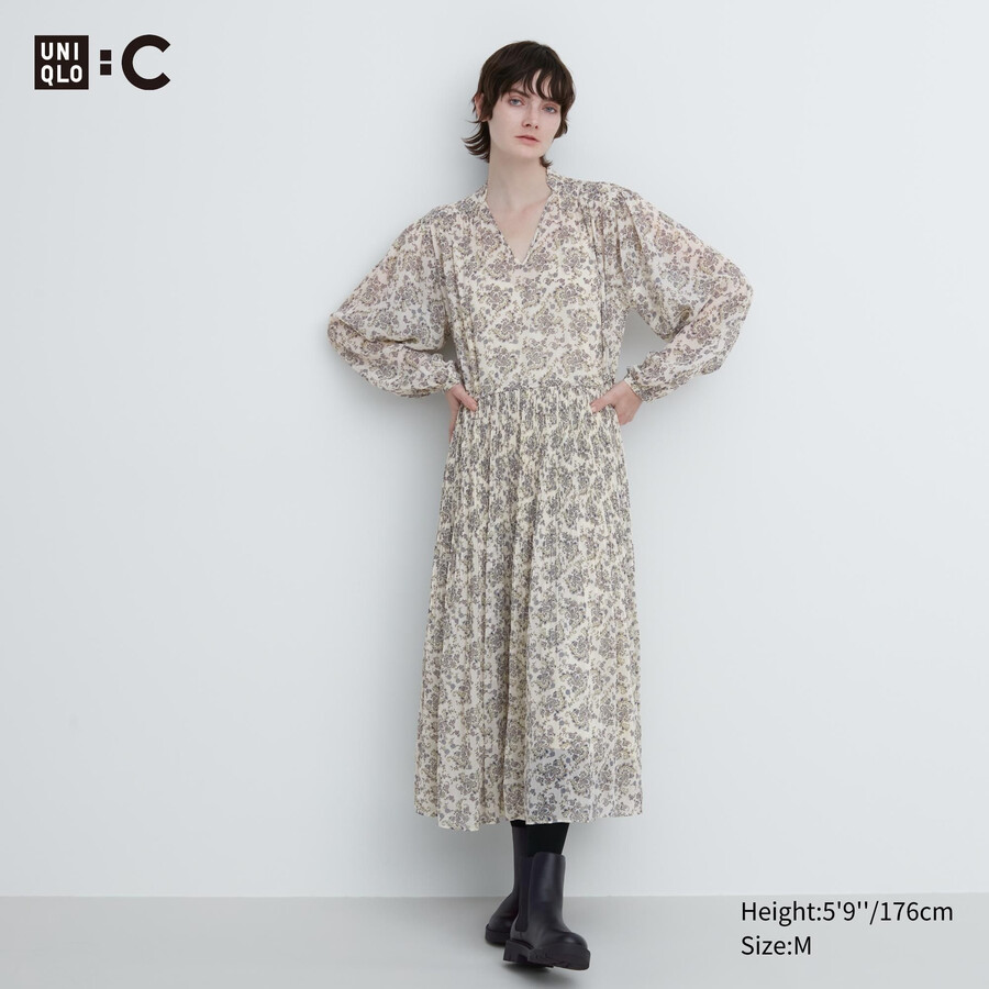 vestido plisado de gasa con mangas estampadas para mujer de uniqlo blanco