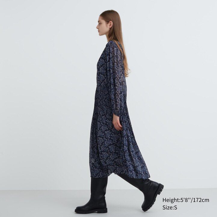 vestido plisado de gasa con mangas estampadas para mujer de uniqlo blanco