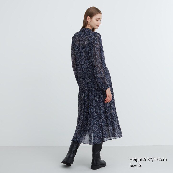 vestido plisado de gasa con mangas estampadas para mujer de uniqlo blanco