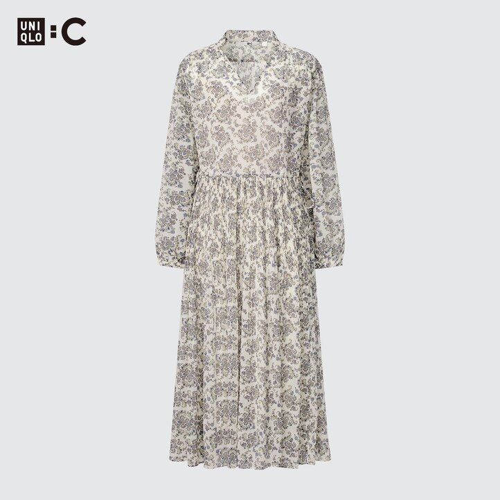 vestido plisado de gasa con mangas estampadas para mujer de uniqlo blanco