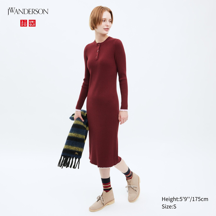 vestido rojo con mangas de punto acanalado para mujer de uniqlo