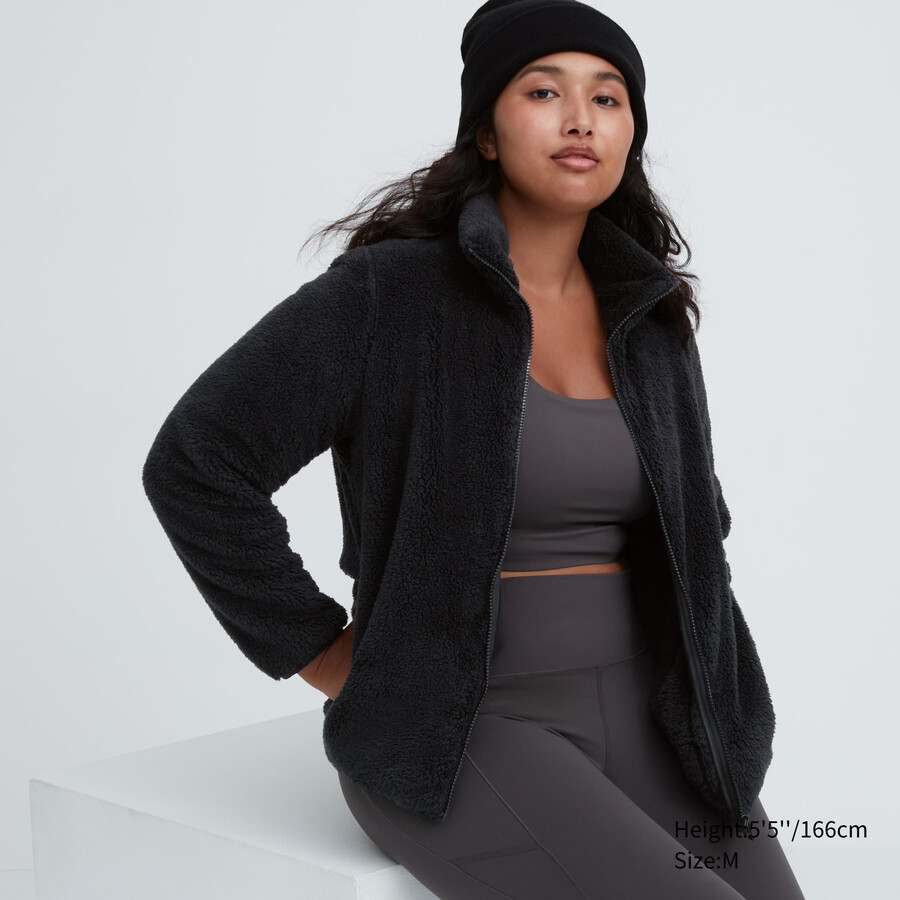chaquetas de forro polar esponjoso uniqlo con cremallera para mujer color negro