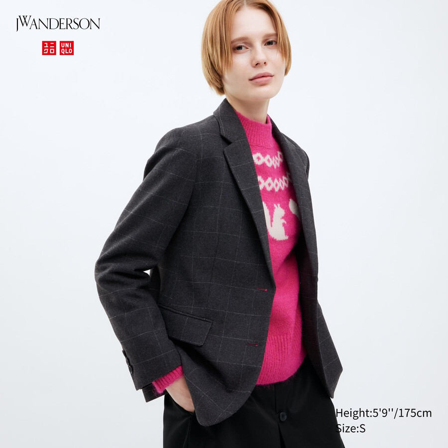 chaquetas de cuadros de botonadura sencilla uniqlo para mujer en gris oscuro