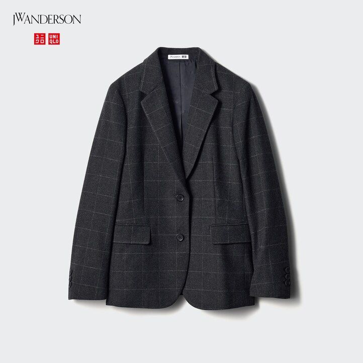 chaquetas de cuadros de botonadura sencilla uniqlo para mujer en gris oscuro
