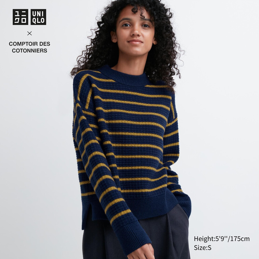 suéteres de rayas de lana de cordero uniqlo para mujer en azul marino