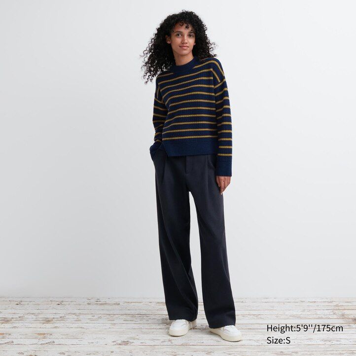 suéteres de rayas de lana de cordero uniqlo para mujer en azul marino