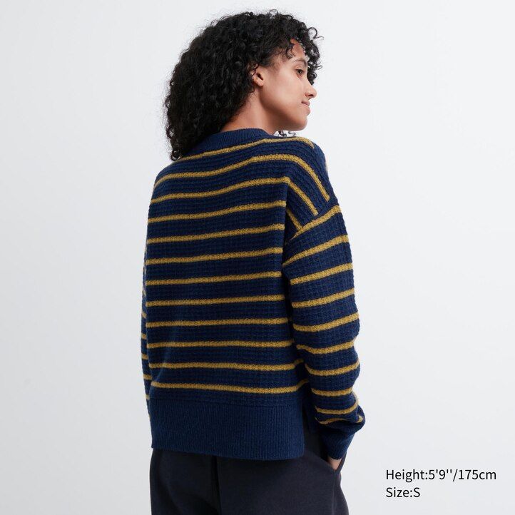 suéteres de rayas de lana de cordero uniqlo para mujer en azul marino