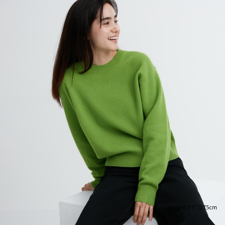 suéteres de cuello redondo de lana de cordero premium uniqlo verdes para mujer